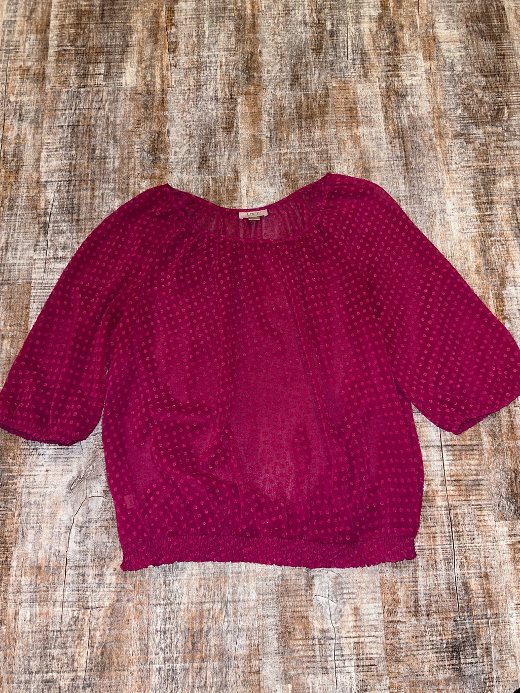 Loft Sheer Polka Dot-Texture Peasant Top In Deep Pink